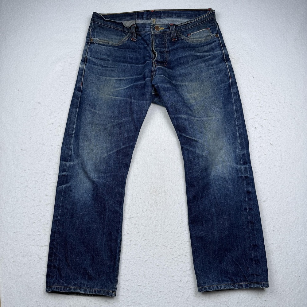 Detroit Denim Co Jeans Mens 34x27 Blue Straight Selvedge Denim Button Fly